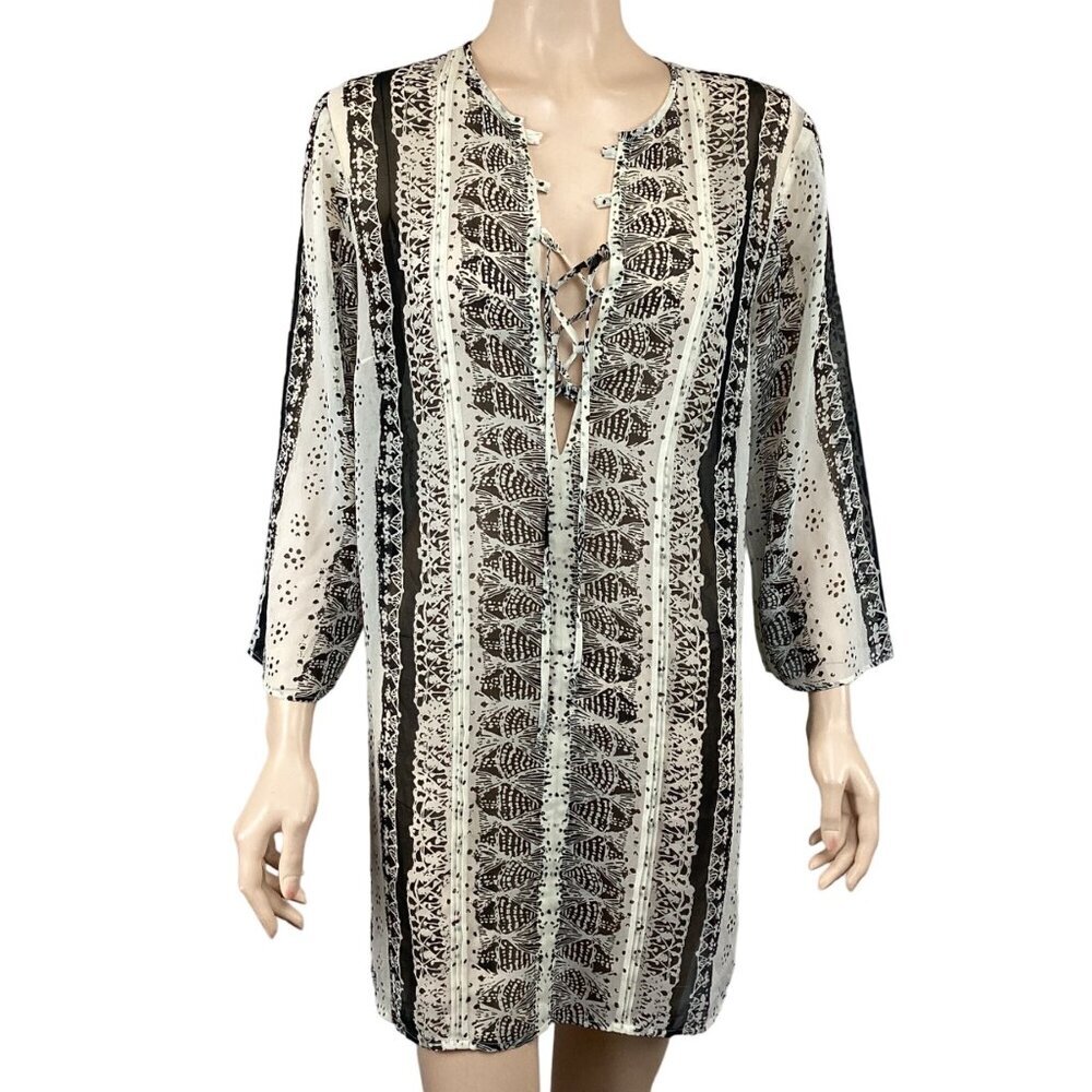 CAbi Women's Boho Tunic Top Medium Black‎ & White Patterned Lace-Up V-Neck